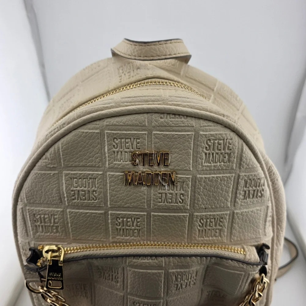 Steve‎ Madden Monogram Embossed Mini Backpack Chain Detail Cream